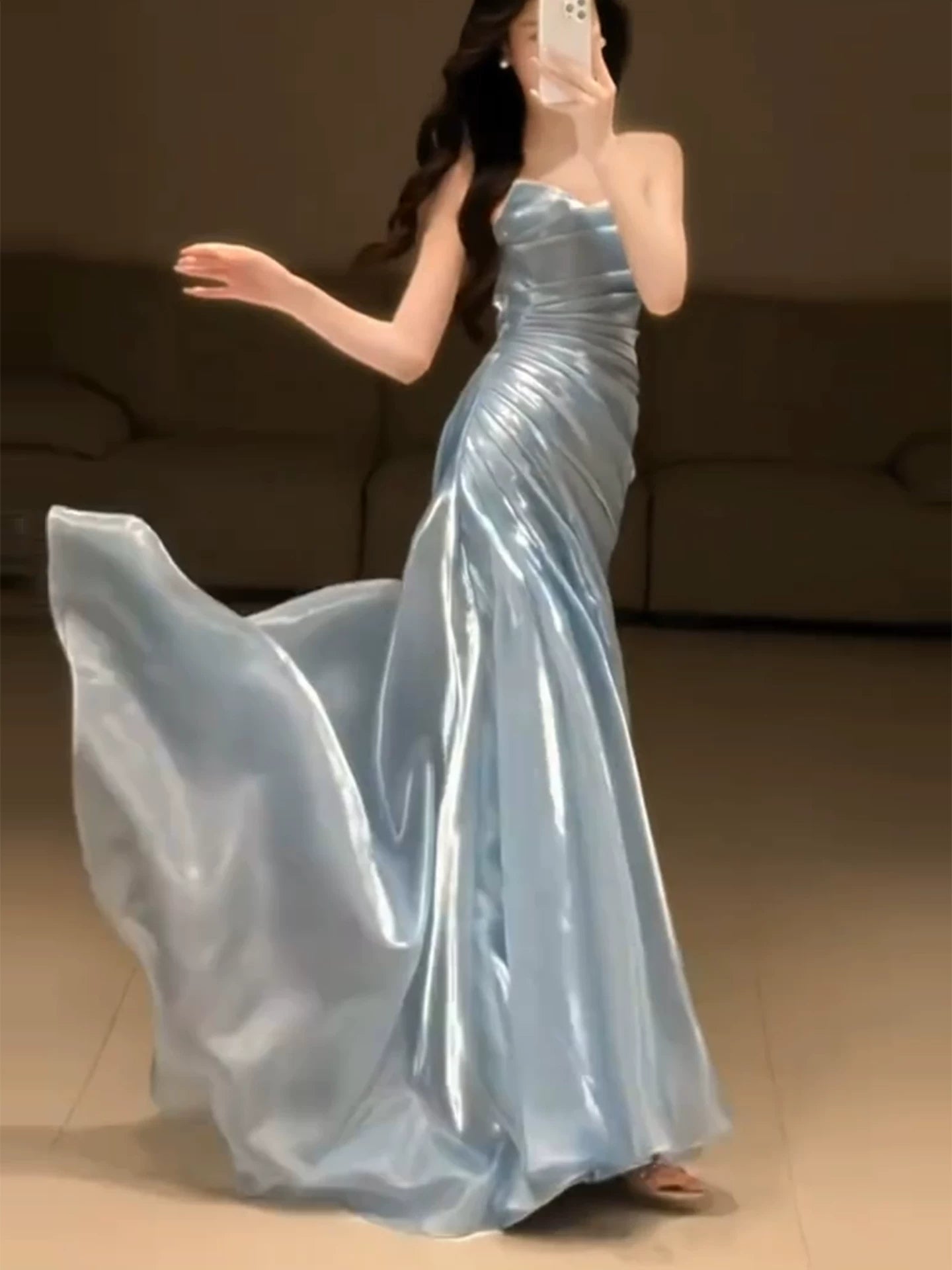 Light Blue Strapless Pleated Prom Dresses Evening Formal Gown Semi Formal Grad Long Prom Dress For Teens AB1993