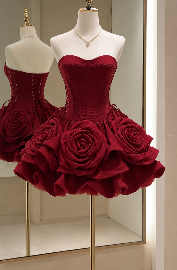Pretty Ball Gown Sweetheart Burgundy Satin With Flowers Mini Homecoming Dress Inspo Short Graduation Dresses RB6883