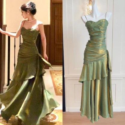 Robe de bal longue vintage à fines bretelles, en mousseline de soie bleue et satin à volants, style féerique, référence N1798