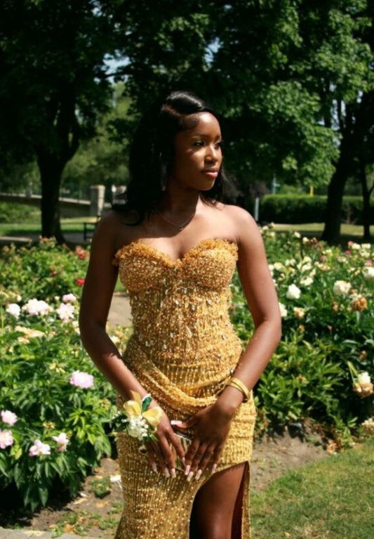 Glitzernde Abschlussballkleider Meerjungfrau Sweetheart Gold Pailletten Ärmellos Für Schwarze Frauen Lange Split Abend Formelle Outfits RB3511