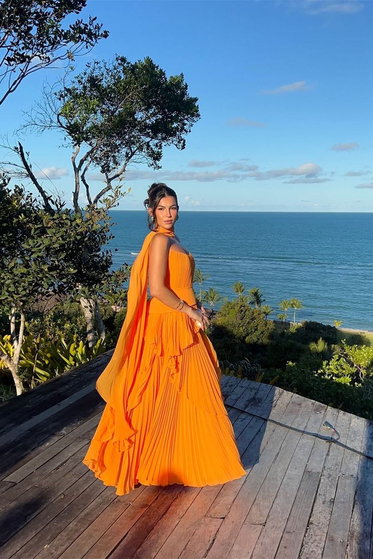 Charming Orange Strapless Sleeveless Chiffon Prom Dress A-Line With Zipper Pleats AB996