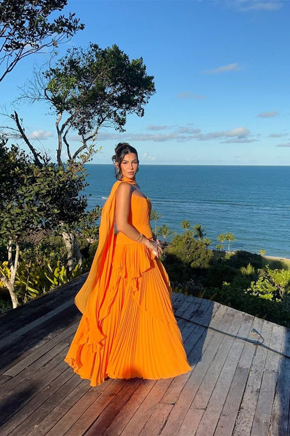 Charming Orange Strapless Sleeveless Chiffon Prom Dress A-Line With Zipper Pleats AB996