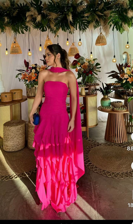 Sexy A Line Strapless Hot Pink Chiffon Evening For Women Party Dresses Long Formal Prom Dress 18th Birthday Gown AB1294
