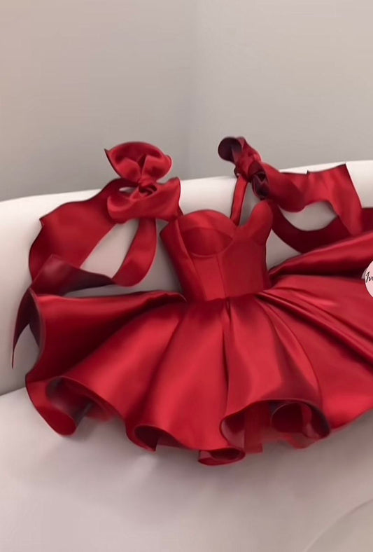 Stylish Ball Gown Spaghetti Strap Red Satin Semi-formal 12th Grad Inspo Short Mini Homecoming Dresses RB4569