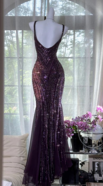 Robe de soirée longue sirène en mousseline violet foncé à sequins et col en V, style vintage, référence N875
