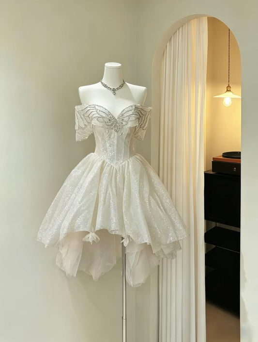 Lovely Ball Gown Hoco & Homecoming Dress Ball Gown Off The Shoulder White Oranza With Ruffled Party Dresses RB6451