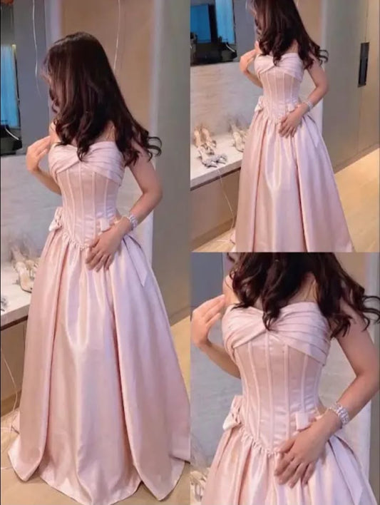 Elegant A line Sweethart Pink Satin Prom Dress Floor Length Evening Party Gown RB9508