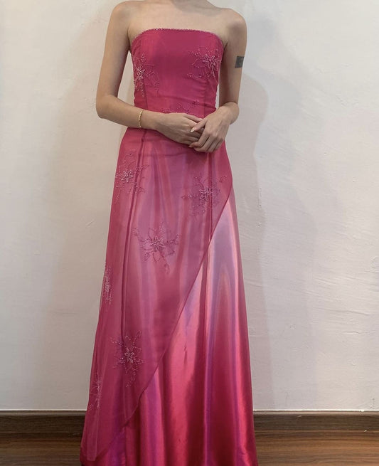 Vintage A-Linie 90er Trägerloses Ombre Pink Farbverlauf Abendkleid Langes Ballkleid N2806