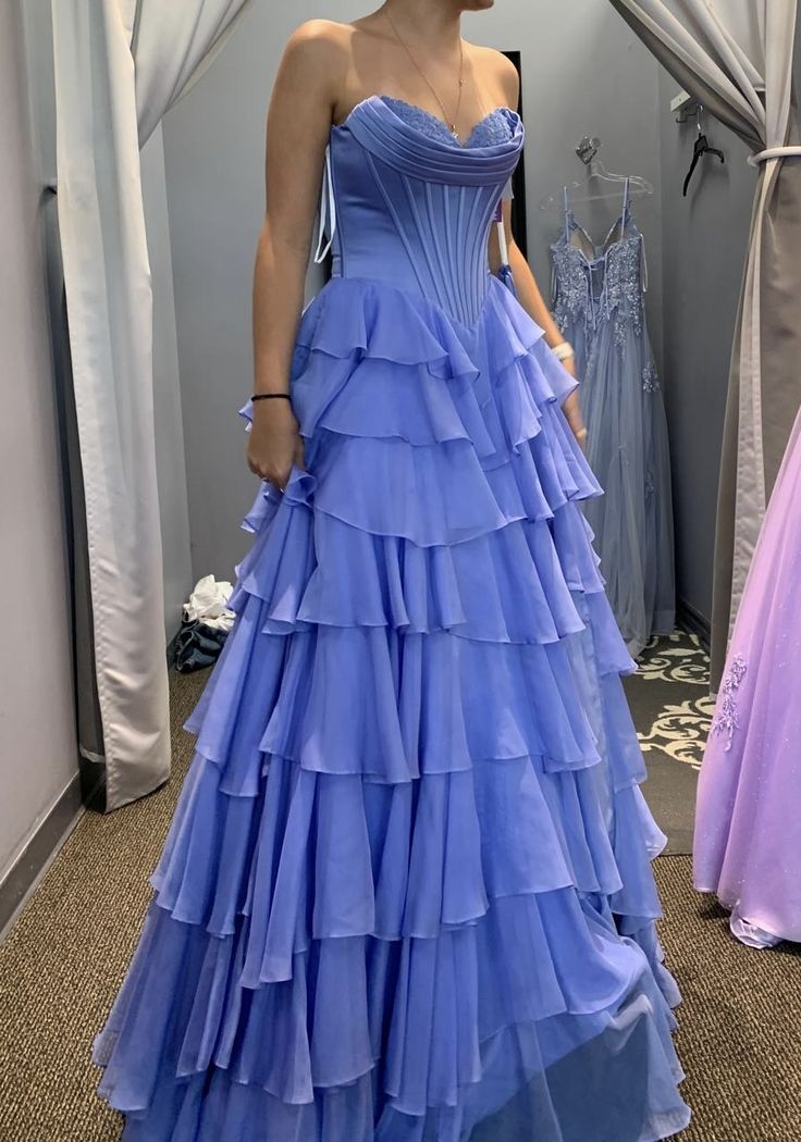 Élégante Robe de Bal Longue en Chiffon Bleu sans Manches avec Volants et Encolure Cœur pour Femmes et Adolescentes N2294
