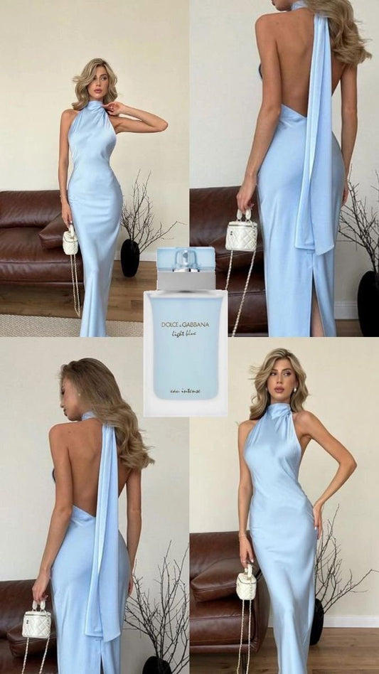 Einfaches Meerjungfrau-Maxikleid mit hohem Kragen, hellblau, Satin mit Schlitz, Strand, Sommer, Garten-Inspiration, Hochzeitsgastkleider N2467