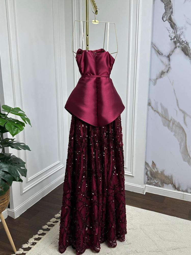 Vintage A Line Strapless Burgundy Satin Floor Length Prom Dress Lace Inspiration Long Prom Dresses B386