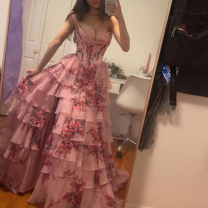 Pink Floral Corset Ball Gown Floral Blush Tiered Chiffon Long Corset Prom Dress with Slit Formal Evening Gowns AB508