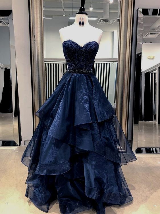 Elegantes Ballkleid mit Herzausschnitt, marineblau mit silbernen Perlen, langes Abendkleid für Abschlussball, Sweet-16-Geburtstagsfeier, AB1131