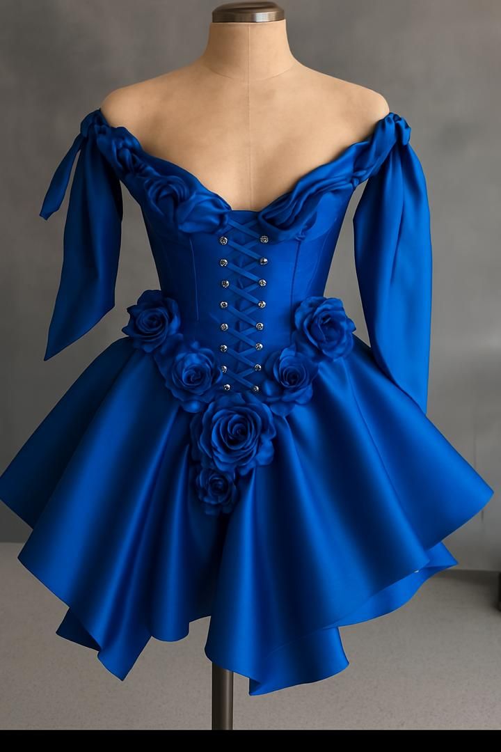Elegantes Ballkleid schulterfrei königsblau Satin Semi-formal 12. Klasse Inspo kurze Mini-Heimkehrkleider RB4570