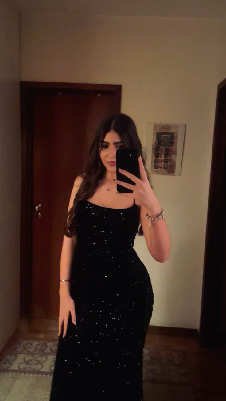 Elegant Sheath Spaghetti Straps Black Sequins Sleeveless Long Prom Dresses 18th Birthday Outfits AB2402