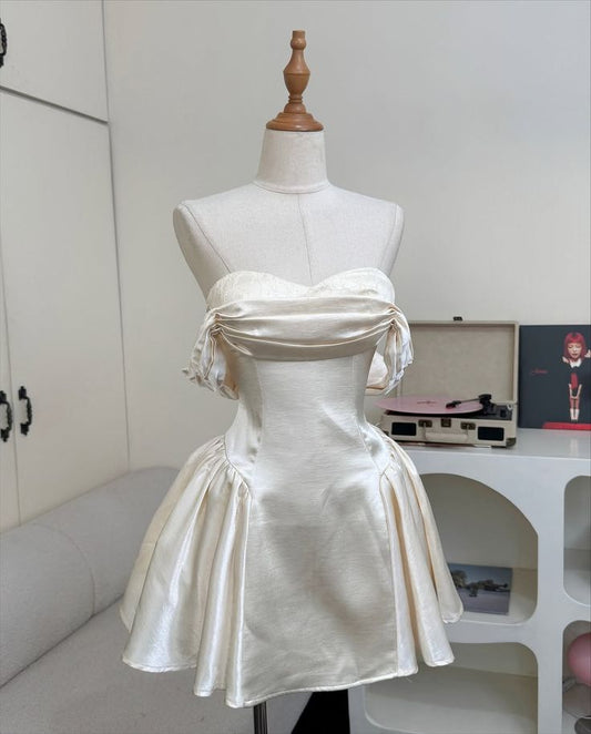 Lovely A line Hoco & Homecoming Dress Off The Shoulder Ivory Satin With Ruffled Party Dresses RB6452