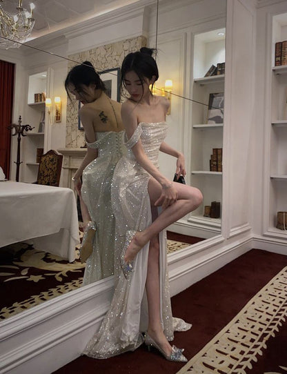 Shiny Off The Shoulder Prom Dresses, Long Evening Formal Gown With High Slit Party Gowns N341