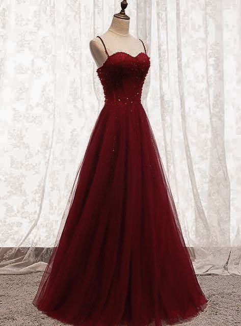 Robe de bal longue rouge foncé à bretelles et perles, décolleté cœur, robe de bal junior AB703