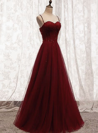 Robe de bal longue rouge foncé à bretelles et perles, décolleté cœur, robe de bal junior AB703