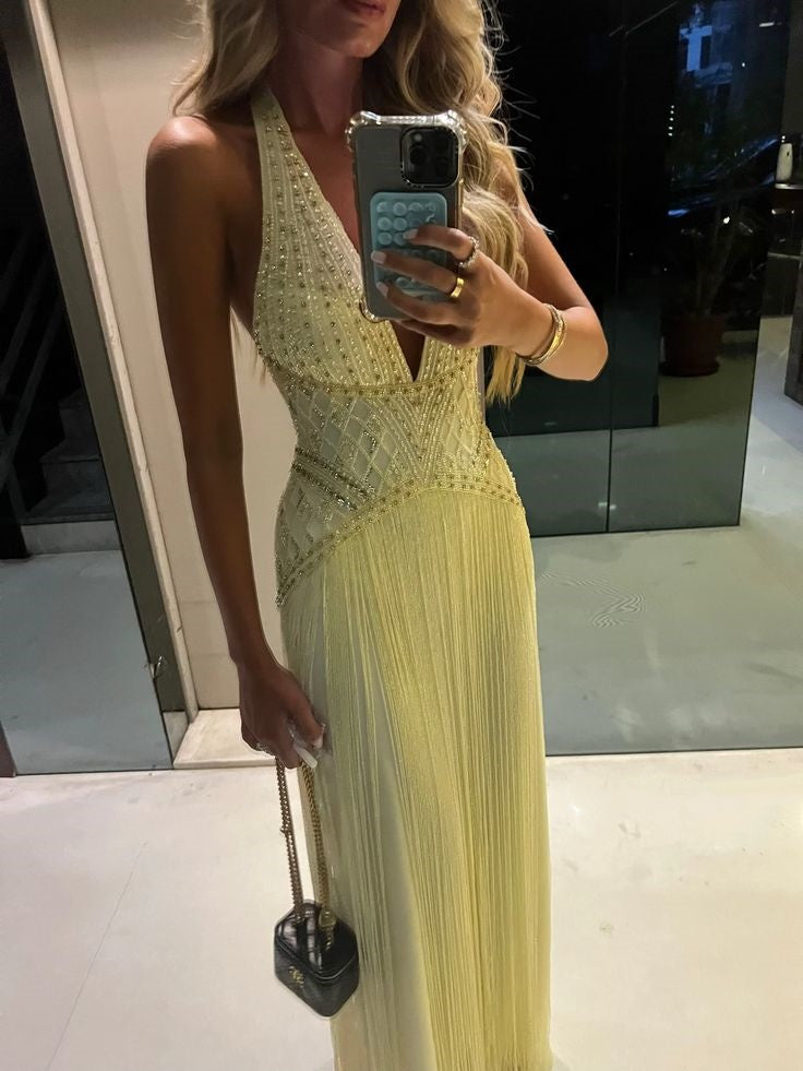 Yellow Mermaid Prom Dresses Inspiration Halter Beaded Tassel Evening Gown Long Gala Formal Dress RC1506