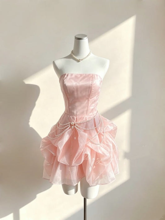 Modest Hoco Dress Homecoming Dresses Ball Gown Strapless Pink Organza 16th Birthday Party Outfits RB6397