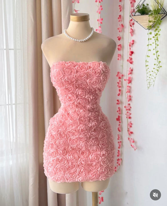 Modest Hoco Dress Homecoming Dresses A Line Strapless Pink Floral 16th Birthday Party Outfits RB6398