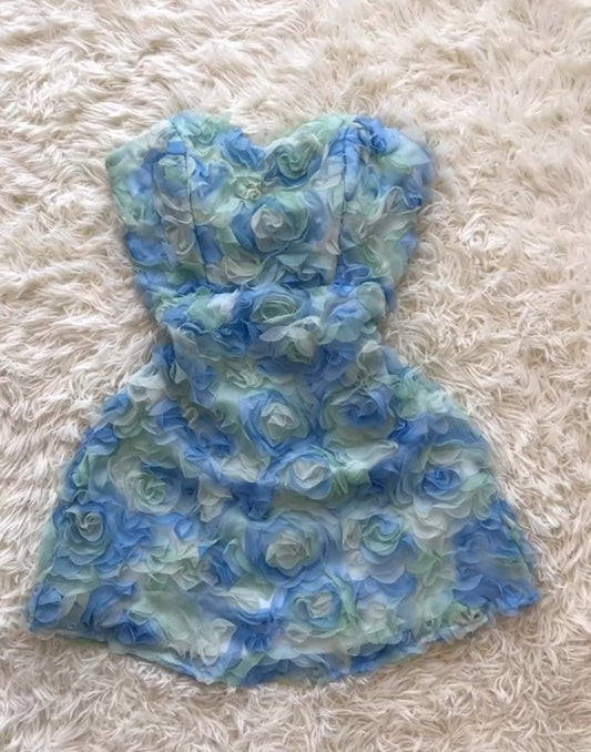 Modest Hoco Dress Homecoming Dresses A Line Strapless Mini Blue Floral 16th Birthday Party Outfits RB6400