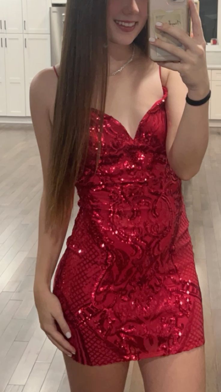 Minimalist Sheath Spaghetti Strap Red Sequined Semi-formal 12th Grad Inspo Short Mini Homecoming Dresses RB4576