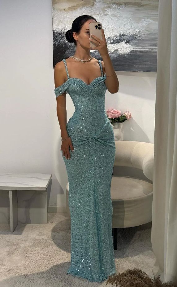 Glitzerndes Bodycon-Kleid mit blauen Trägern und Pailletten, langes Ballkleid, Meerjungfrauen-Bodycon für Damen N4114