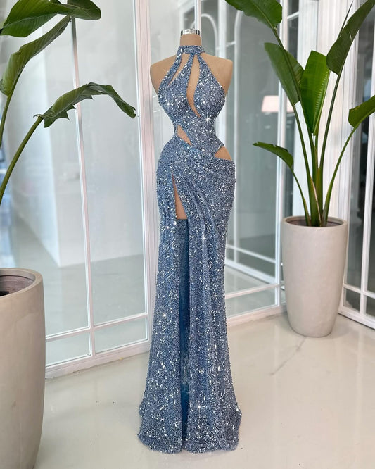 Robe de soirée sirène élégante à col montant fendu et sequins - Inspiration pour femmes et jeunes filles - Robe de bal longue AB1790