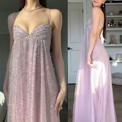 Robe de bal longue à fines bretelles et paillettes roses, coupe trapèze, N1667