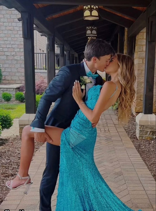 Sexy Sheath Spaghetti Straps Blue With Slit Sequins Evening For Women Party Dress Long Formal Prom Dresses 22th Birthday Gown AB1339