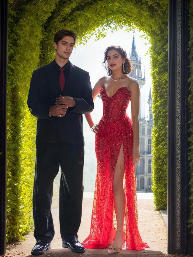 Rotes, trägerloses Pailletten-Abendkleid mit Perlenfransen an der Taille und hohem Schlitz für Damen AB1546