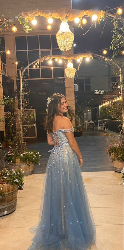 Traumhaftes, schulterfreies, staubblaues Tüll-Abendkleid in A-Linie für Damen, langes, formelles Ballkleid, Tanzkleid, Abendkleid AB1799