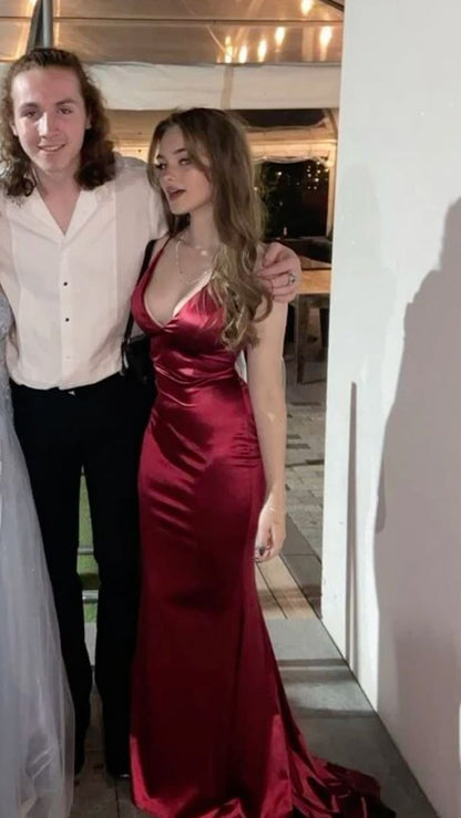 Sexy Meerjungfrauen-Halterkleid aus burgunderrotem Satin für Damen, langes formelles Ballkleid, 22. Geburtstagskleid AB1340