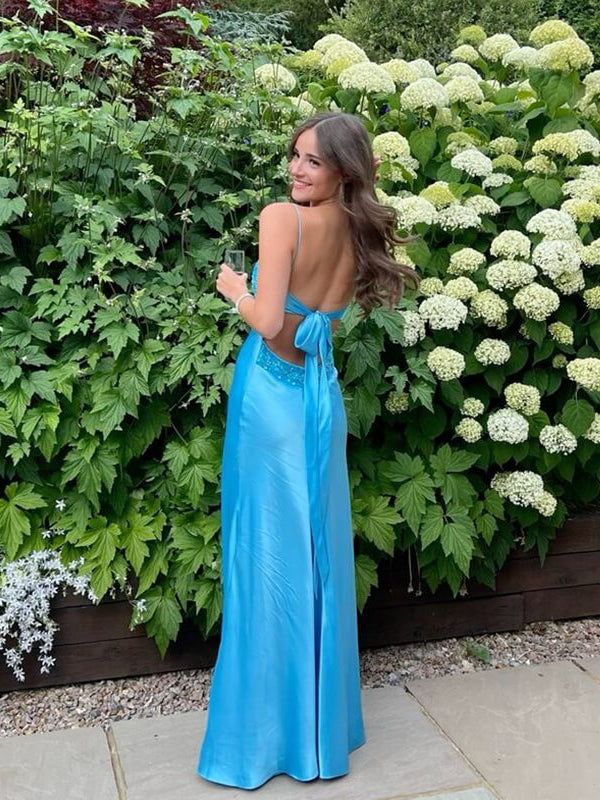 Blue Mermaid V-neck Beaded Back Tie Long Prom Dress Party Dresses For Women AB1476