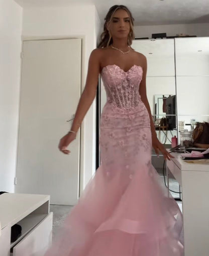Meerjungfrauen-Abendkleid, ärmellos, Tüll, rosa, lang, elegant, Ballkleid AB942