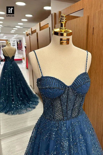 Robe de bal longue élégante en tulle, sans manches, à fines bretelles et coupe trapèze, référence AB912