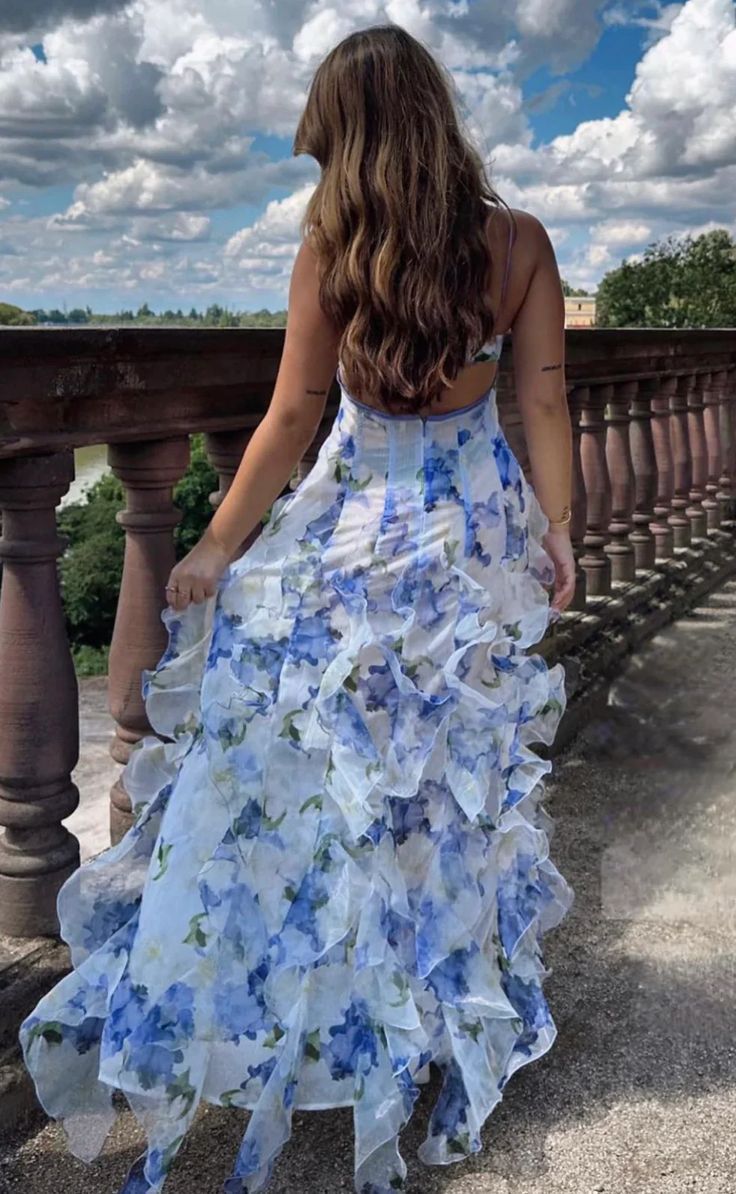 Meerjungfrauen-Abendkleid mit Rüschen und Blumenmuster, bodenlang, AB923