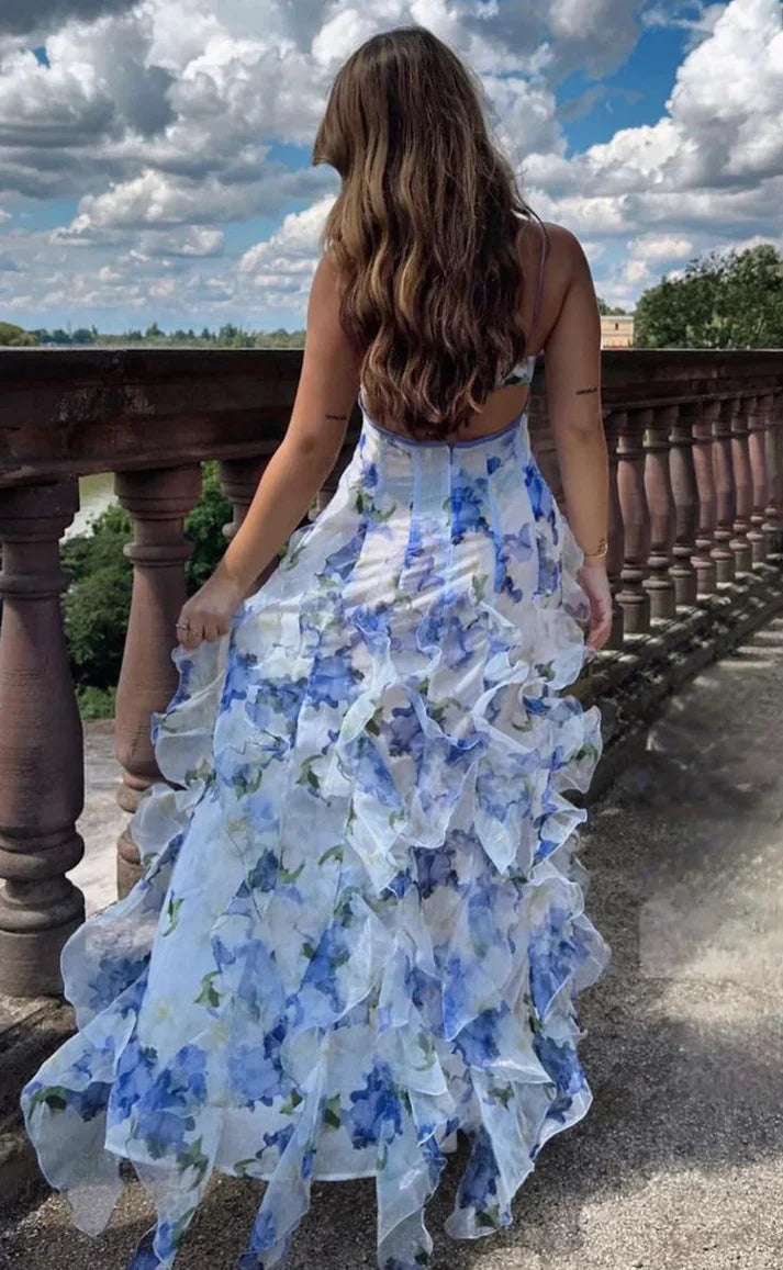 Floral Ruffle Maxi Dress Blue Sleeveless Floor Length Backless Prom Dresses AB620