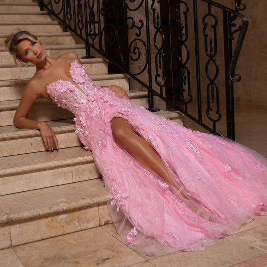 Illusion Pink Prom Dress for Party A Line Lace Appliqued Formal Cocktail Dress Princess Slit Birthday Gowns AB934
