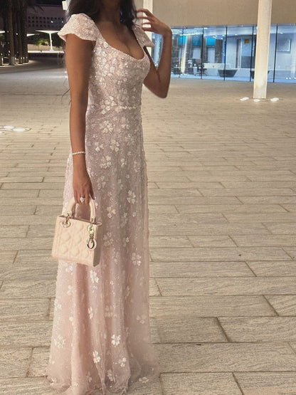 Elegantes, rückenfreies, kurzärmeliges A-Linien-Abendkleid mit Blumenmuster, Modell AB920
