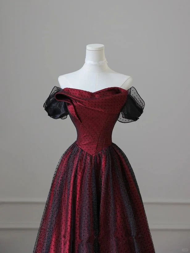 Schwarzes und rotes Tüll-Abendkleid, langes A-Linien-Kleid mit schulterfreiem Schnitt, auch als Hochzeits- oder Partykleid geeignet, Geburtstagskleid AB916
