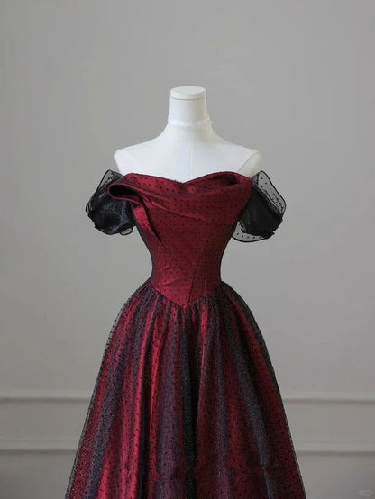 Schwarzes und rotes Tüll-Abendkleid, langes A-Linien-Kleid mit schulterfreiem Schnitt, auch als Hochzeits- oder Partykleid geeignet, Geburtstagskleid AB916