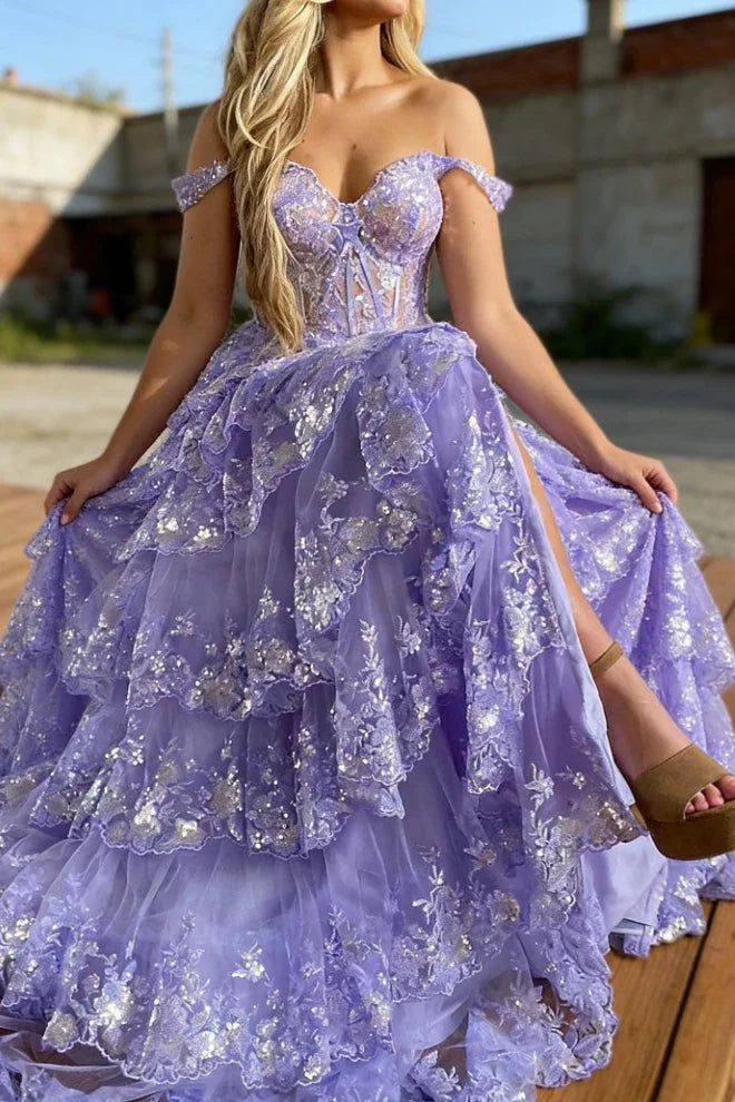 Robe de bal scintillante à épaules dénudées et fente en dentelle pour adolescentes, robe de soirée longue à sequins N791