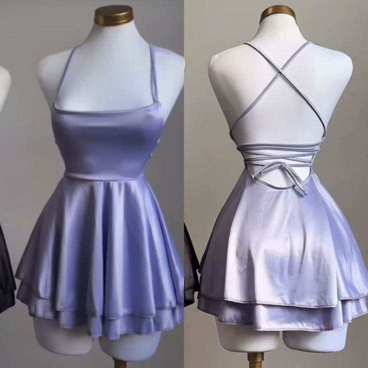 Minimalistisches A-Linien Spaghettiträger Lilafarbenes rückenfreies Satinkleid Semi-formal 12. Klasse Inspo Kurze Mini Homecoming Kleider RB4579