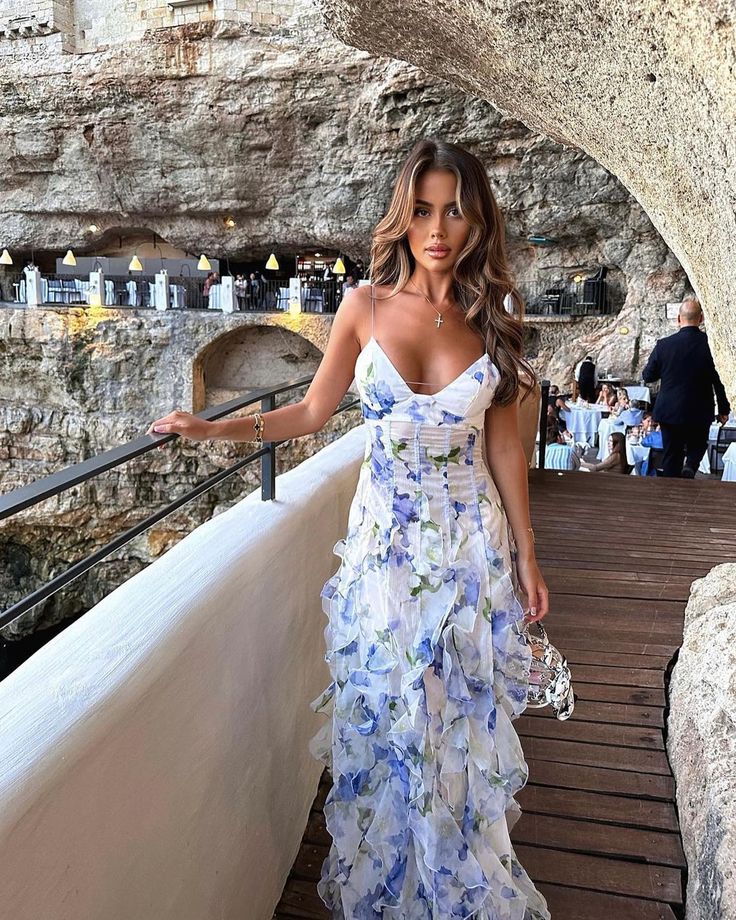 Floral Ruffle Maxi Dress Blue Sleeveless Floor Length Backless Prom Dresses AB620