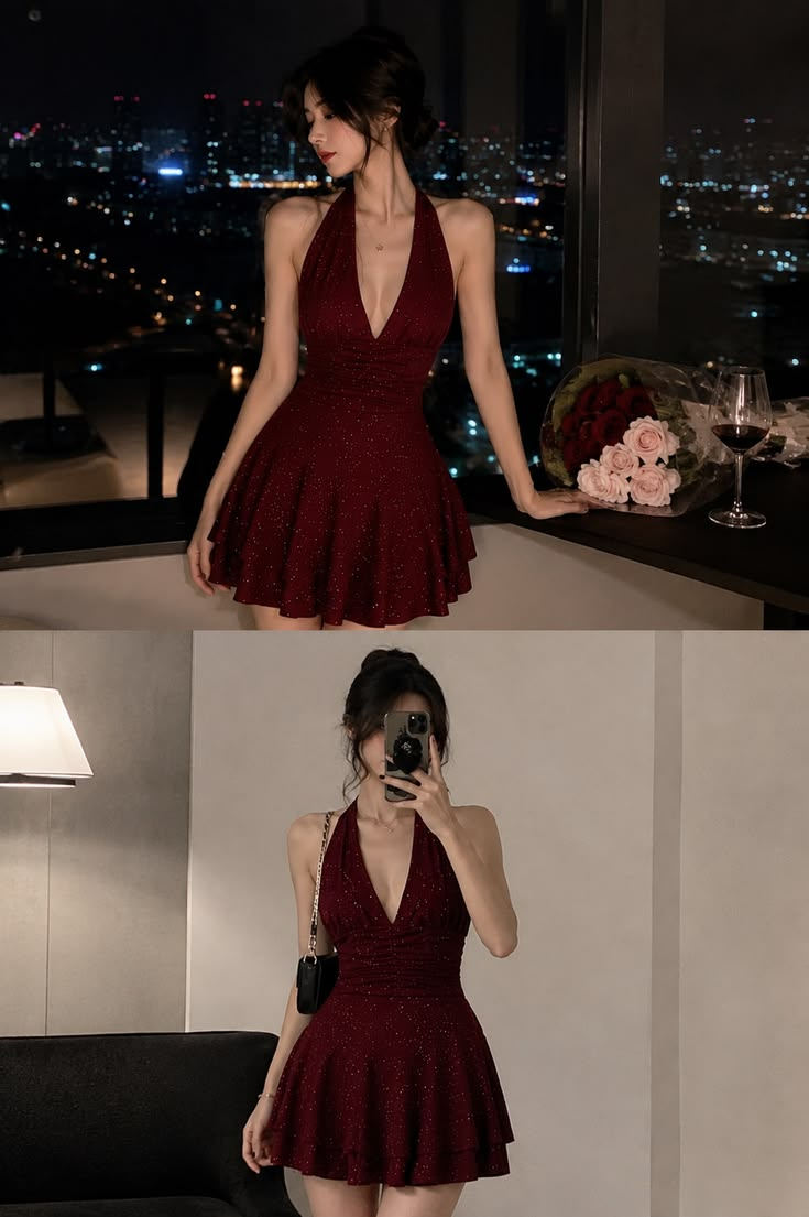 Sparkly A line Halter Burgundy Sleeveless Short Homecoming Dresses Party Outfits Inspiration RB9297