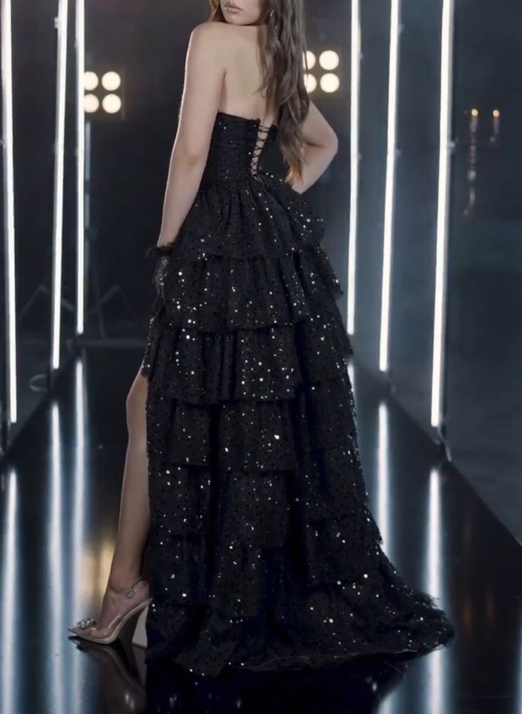 Gorgeous A Line Strapless Sleeveless Lace Up Floor-Length Black Slit Prom Dresses Vestidos Evening Gowns AB487