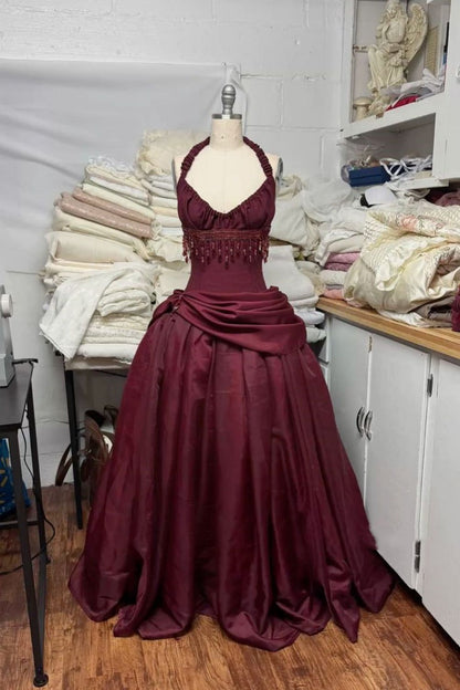 Robe de bal vintage bordeaux, dos nu, satin perlé, longue, tenue de soirée, robe de cérémonie N538